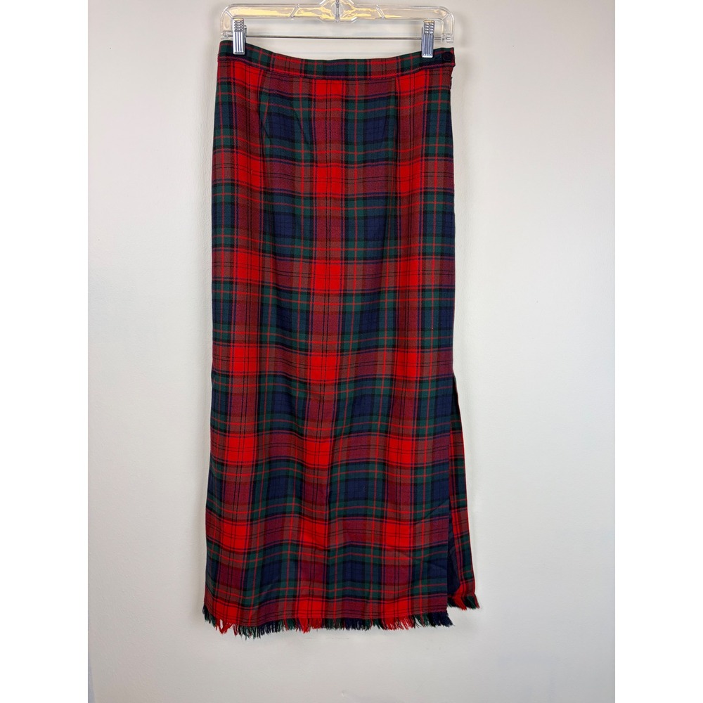 Vintage Rafaella Maxi Skirt 4 Red Plaid Wool Tartan Fringe Preppy Classic Fall